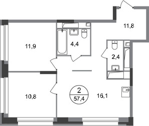 Планировка двухкомнатной(квартира) площадью 57.4 квадратных метров в ЖК “ЖК Первый Московский”