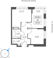 Планировка двухкомнатной(апартаменты) площадью 39.92 квадратных метров в “ЖК Волковская 67”
