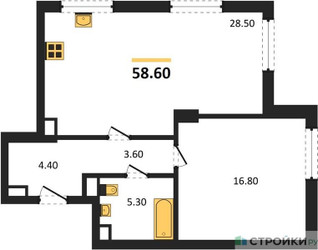 Планировка однокомнатной(квартира) площадью 58.6 квадратных метров в ЖК “ЖК Крылатская 33”