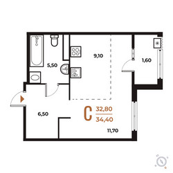 Планировка студии(квартира) площадью 34.4 квадратных метров в ЖК “ЖК Новое Летово”