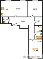 Планировка двухкомнатной(квартира) площадью 71 квадратных метров в “ЖК ЭкоБунино (Южное Бунино)”