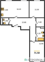Планировка двухкомнатной(квартира) площадью 71 квадратных метров в ЖК “ЖК ЭкоБунино (Южное Бунино)”