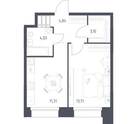Планировка однокомнатной(апартаменты) площадью 37.02 квадратных метров в ЖК “ЖК Апарт-отель Тропарево парк”