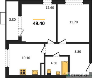 Планировка двухкомнатной(квартира) площадью 49.4 квадратных метров в ЖК “ЖК Дзен-кварталы”