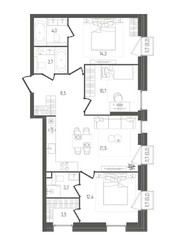 Планировка трехкомнатной(квартира) площадью 82.4 квадратных метров в ЖК “ЖК Pave (Пэйв)”