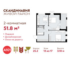 Планировка двухкомнатной(квартира) площадью 51.8 квадратных метров в “ЖК Скандинавия”