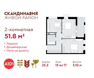 Планировка двухкомнатной(квартира) площадью 51.8 квадратных метров в ЖК “ЖК Скандинавия”