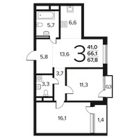 Планировка трехкомнатной(квартира) площадью 67.8 квадратных метров в “Новые Ватутинки. Заречный”