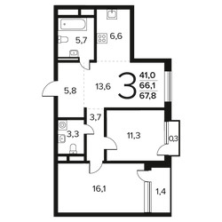 Планировка трехкомнатной(квартира) площадью 67.8 квадратных метров в ЖК “Новые Ватутинки. Заречный”