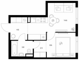 Планировка однокомнатной(квартира) площадью 34 квадратных метров в “ЖК Руставели 14”
