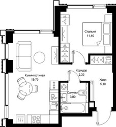 Планировка однокомнатной(квартира) площадью 42.3 квадратных метров в ЖК “Мультиквартал СИТИДЗЕН”