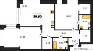Планировка двухкомнатной(квартира) площадью 86.6 квадратных метров в “ЖК Шагал”
