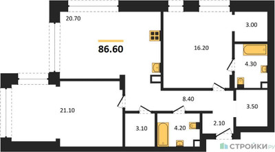 Планировка двухкомнатной(квартира) площадью 86.6 квадратных метров в ЖК “ЖК Шагал”