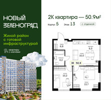 Планировка двухкомнатной(квартира) площадью 50.9 квадратных метров в “ЖК Новый Зеленоград”