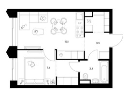 Планировка однокомнатной(квартира) площадью 34.8 квадратных метров в “ЖК Матвеевский парк”