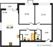 Планировка двухкомнатной(квартира) площадью 61.3 квадратных метров в “ЖК Деснаречье”