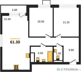 Планировка двухкомнатной(квартира) площадью 61.3 квадратных метров в ЖК “ЖК Деснаречье”