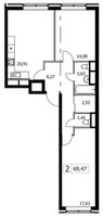 Планировка двухкомнатной(квартира) площадью 69.47 квадратных метров в “ЖК Городские Истории”