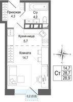 Планировка студии(квартира) площадью 28.7 квадратных метров в “ЖК КИНОКВАРТАЛ”