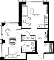 Планировка однокомнатной(квартира) площадью 59.7 квадратных метров в “ЖК Веер”