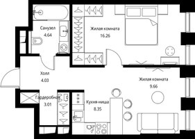 Планировка однокомнатной(квартира) площадью 45.95 квадратных метров в “ЖК Сити Бэй”