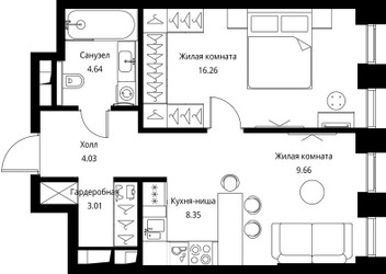 Планировка однокомнатной(квартира) площадью 45.95 квадратных метров в ЖК “ЖК Сити Бэй”