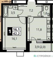 Планировка однокомнатной(квартира) площадью 42.2 квадратных метров в “ЖК 1-й Южный (Первый Южный)”