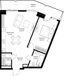 Планировка однокомнатной(квартира) площадью 63.68 квадратных метров в ЖК “ЖК Джойс”