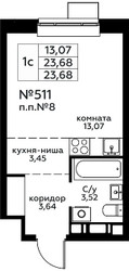 Планировка студии(квартира) площадью 23.68 квадратных метров в ЖК “Новоград Павлино”