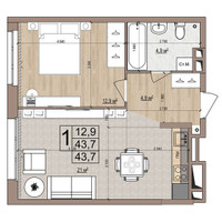 Планировка однокомнатной(квартира) площадью 43.7 квадратных метров в “ЖК Гранд Комфорт”