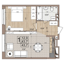 Планировка однокомнатной(квартира) площадью 43.7 квадратных метров в ЖК “ЖК Гранд Комфорт”