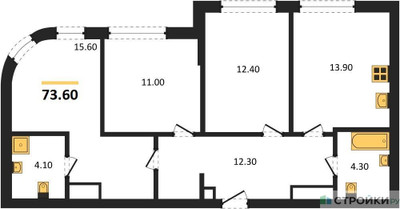Планировка трехкомнатной(квартира) площадью 73.6 квадратных метров в ЖК “ЖК Шагал”