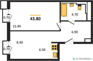 Планировка однокомнатной(квартира) площадью 44.41 квадратных метров в “ЖК Sky Sputnik (Скай Спутник)”