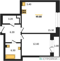 Планировка однокомнатной(квартира) площадью 49.8 квадратных метров в “ЖК Родина Парк”