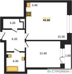 Планировка однокомнатной(квартира) площадью 49.8 квадратных метров в ЖК “ЖК Родина Парк”