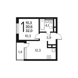 Планировка однокомнатной(квартира) площадью 32 квадратных метров в ЖК “Новые Ватутинки. Заречный”