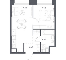 Планировка однокомнатной(апартаменты) площадью 34.45 квадратных метров в ЖК “ЖК Апарт-отель Тропарево парк”