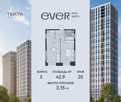 Планировка двухкомнатной(квартира) площадью 42.9 квадратных метров в “ЖК Ever (Эвер)”