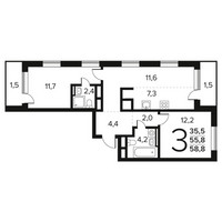 Планировка трехкомнатной(квартира) площадью 58.8 квадратных метров в “Новые Ватутинки. Заречный”