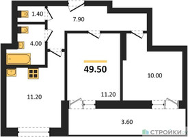 Планировка двухкомнатной(квартира) площадью 49.5 квадратных метров в “ЖК Рассказово”