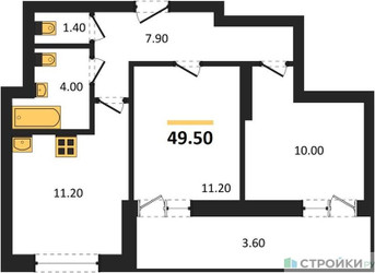 Планировка двухкомнатной(квартира) площадью 49.5 квадратных метров в ЖК “ЖК Рассказово”