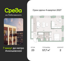 Планировка двухкомнатной(квартира) площадью 57.7 квадратных метров в “ЖК Среда на Лобачевского”