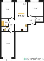 Планировка трехкомнатной(квартира) площадью 84.5 квадратных метров в “ЖК Вейв”