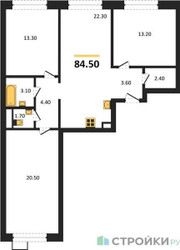 Планировка трехкомнатной(квартира) площадью 84.5 квадратных метров в ЖК “ЖК Вейв”