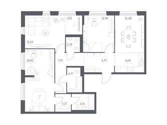 Планировка трехкомнатной(квартира) площадью 100.28 квадратных метров в ЖК “ЖК Новое Внуково”