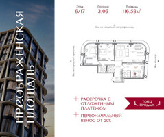 Планировка трехкомнатной(квартира) площадью 116.58 квадратных метров в “ЖК Преображенская Площадь”