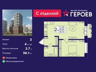 Планировка двухкомнатной(квартира) площадью 36.1 квадратных метров в ЖК “ЖК Героев”
