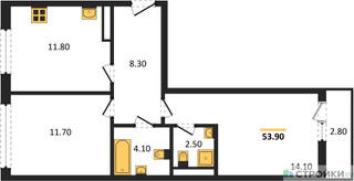 Планировка двухкомнатной(квартира) площадью 53.9 квадратных метров в “ЖК Родные кварталы”