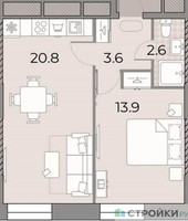 Планировка однокомнатной(квартира) площадью 40.9 квадратных метров в “ЖК ЗИЛАРТ”