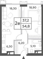 Планировка двухкомнатной(квартира) площадью 54.8 квадратных метров в ЖК “ЖК Will Towers (Вилл Тауэрс)”